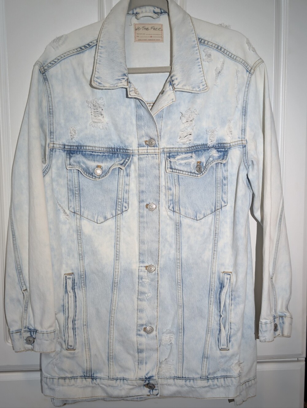 We The free, Light Wash, Long, Distressed, Trucker Denim Jacket - Women M/L